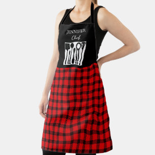Tablier Russe rouge noir plaid monogramme nom cuisine