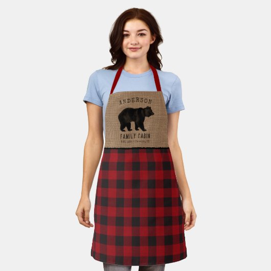 Tablier Rustic Bear Family Cabine Red Buffalo Plaid Burlap (Porté)
