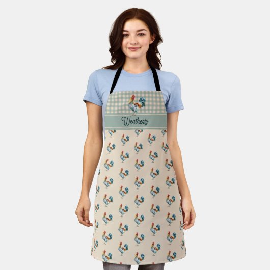 Tablier Rustic Country Checks Monogramme de coq | Nom (Porté)