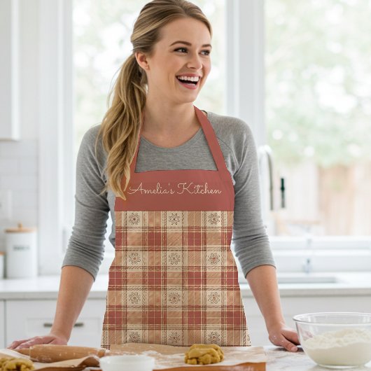 Tablier Rustic Plaid Pattern Terracotta Ivory