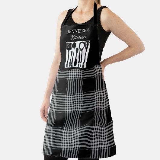 Tablier Rustique noir blanc plaid monogramme nom cuisine (Insitu)