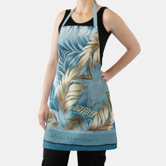 Tablier Sable bleu faux palmier doré feuille texte personn (Insitu)