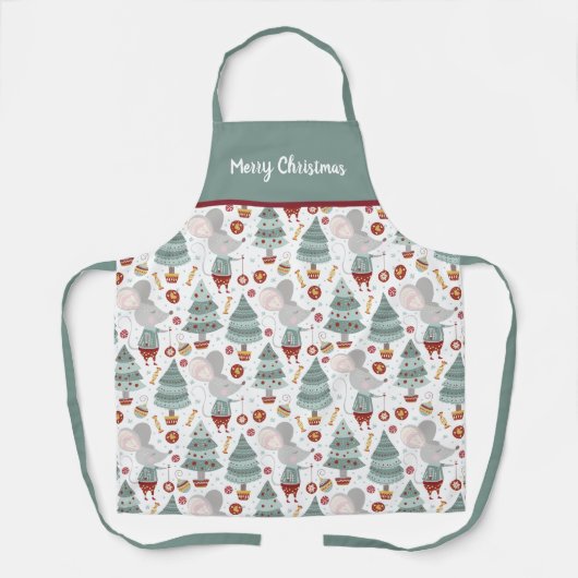 Tablier Sage Green Arbre de Noël, Souris, Cadeaux (Recto)