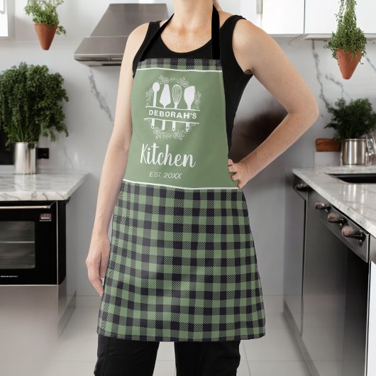 Tablier Sage Green Buffalo Plaid Nom de la cuisine