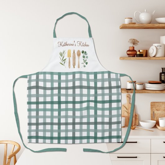 Tablier Sage Green En vichy Plaid Motif Ustensile de cuisi