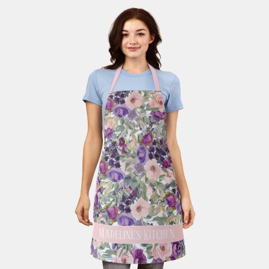 Tablier Sage Green Feuilles violet rose Fleurs Cuisine (Porté)