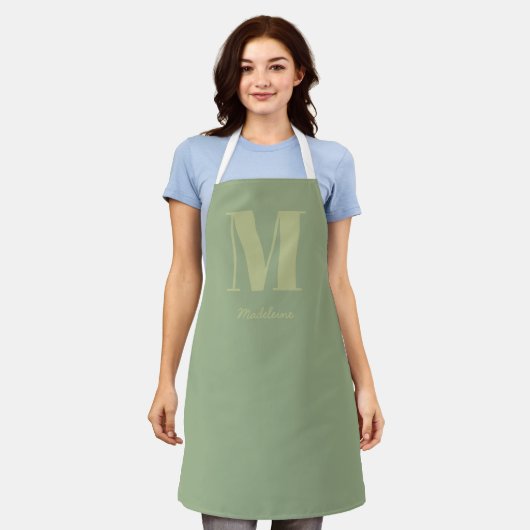 Tablier Sage Green Moderne Monogramme minimal Nom initial (Porté)