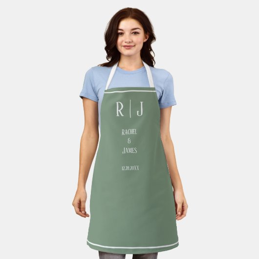 Tablier Sage Green Monogrammes Simple Élégant Mariage tend (Porté)