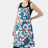 Tablier Sakura blanc, motif arrière - plan bleu classique. (Insitu)