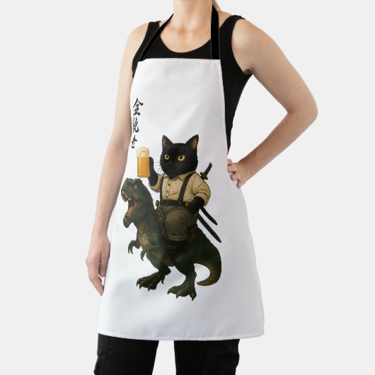 Tablier Samurai Cat with Beer & T-Rex | Retro Japanese Art (Insitu)