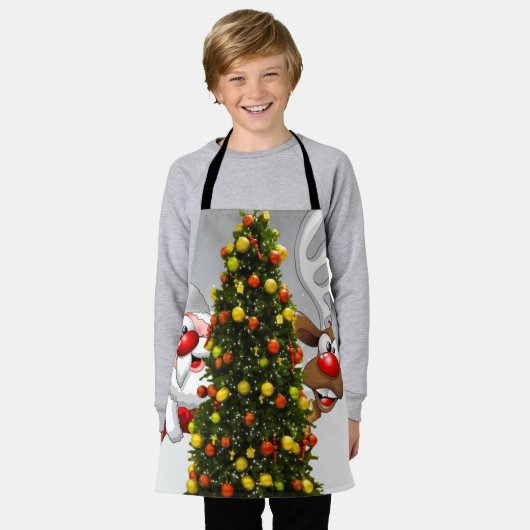 Tablier Santa claus and reindeer behind a christmas tree.j (Porté)