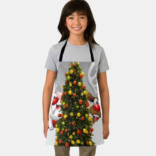 Tablier Santa claus and reindeer behind a christmas tree.j (Insitu)