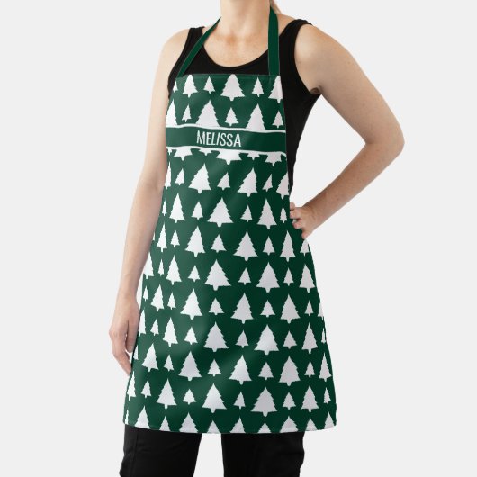 Tablier Sapin de Noël motif & nom vert et blanc (Insitu)