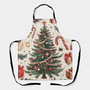 Tablier Sapin de Noël Vintage Crème Rouge Toile Verte