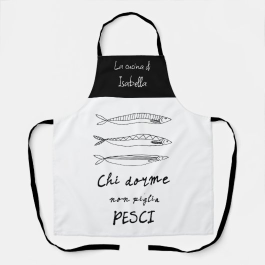 Tablier Sardines de cuisine italienne design en noir (Recto)