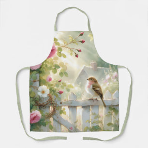 Tablier Scène aquarelle de rose de jardin et d'oiseau