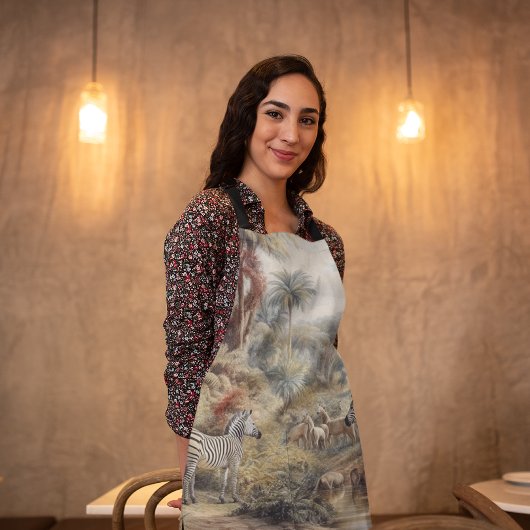 Tablier Scène botanique de zèbres et lions dans une oasis