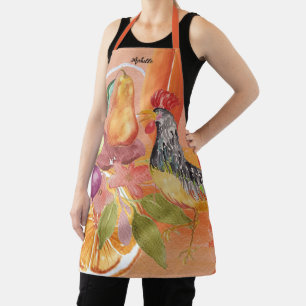 Tablier Scène de campagne au coq rouge aquarelle peinte à