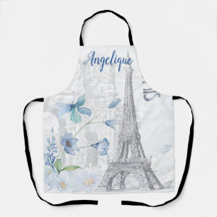 Tablier Scène de Paris et fleurs bleues sur mesure 