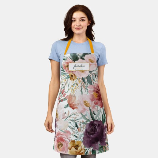 Tablier Script floral d'aquarelle élégant grand-mère (Porté)