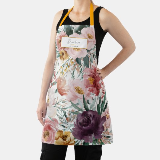 Tablier Script floral d'aquarelle moderne élégant éditable (Insitu)