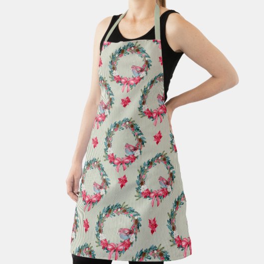 Tablier Serre et cardinal de Noël vert et rose (Insitu)