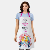 Tablier Servir avec amour oiseaux blanc rose (Porté)
