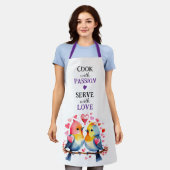 Tablier Servir avec amour oiseaux blanc violet (Porté)