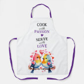 Tablier Servir avec amour oiseaux blanc violet (Recto)