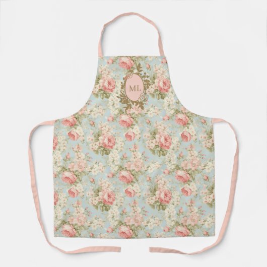 Tablier Shabby Chic Fleurs de Rosier Roses Monogramme (Recto)