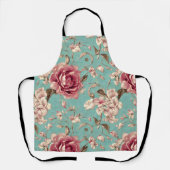 Tablier Shabby Chic Fleurs Roses et Blanches sur Teal (Recto)