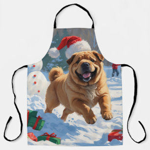 Tablier Shar Pei courant dans la neige avec un chapeau de