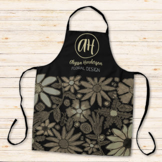 Tablier Simple logo floral design noir et chamois fleurist