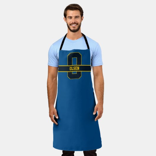 Tablier Simple moderne bleu jaune personnalisé Monogramme (Porté)