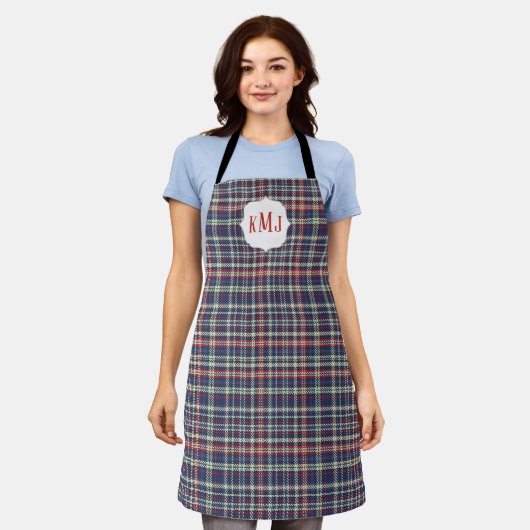 Tablier Simple Monogramme Cute Marine Bleu Vert Plaid Moti (Porté)