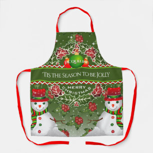 Tablier Snowman avec baies Holly et VOTRE NOM sur VERT