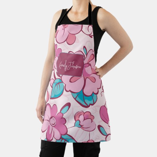 Tablier Soft Pink Bloom Floral Pattern Custom Name (Insitu)