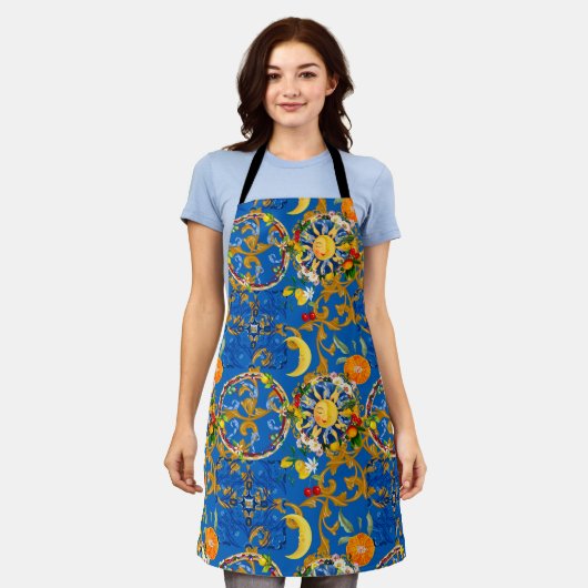 Tablier soleil sicilien, moitié lune, été, majolica, citro (Porté)