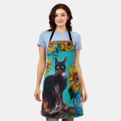 TABLIER SOUCHES AVEC CHAT NOIR EN TURQUOISE BLEUE (Porté)
