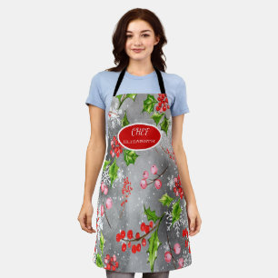 Tablier Sowflakes Holly Berry BranchesGrey Holiday Apron