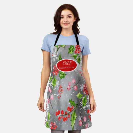 Tablier Sowflakes Holly Berry BranchesGrey Holiday Apron (Porté)