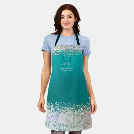 Tablier Sparkle glittery glam turquoise personnalisé Monog (Porté)