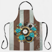 Tablier Steampunk Clock and Turquoise Roses on Striped (Recto)
