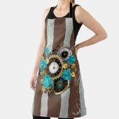 Tablier Steampunk Clock and Turquoise Roses on Striped (Insitu)