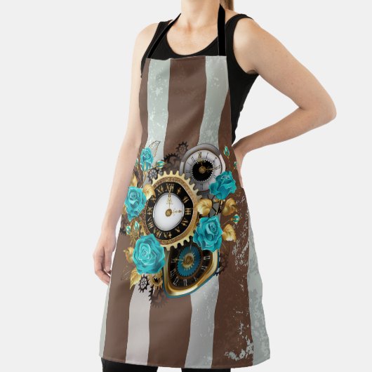 Tablier Steampunk Clock and Turquoise Roses on Striped (Insitu)