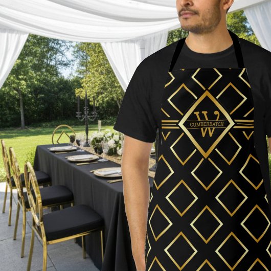 Tablier Stylish Chic Black and Faux Gold with Monogram