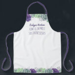 Tablier Succulents - Name's Kitchen et Custom Tagline<br><div class="desc">Des succulents d'aquarelle dans le violet et le vert décorent cet apron personnalisé, avec des bordures attrayantes en haut et en bas et des cravates de coordination. Le modèle est configuré pour que vous puissiez modifier autant de texte que vous le souhaitez. Le drôle de libellé de l'exemple, que vous...</div>