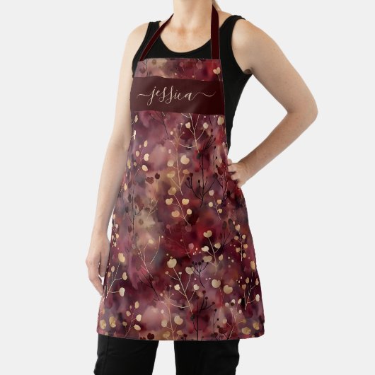 Tablier Tabard chic bordeaux or floral abstrait (Insitu)