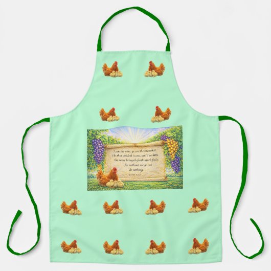Tablier Tabard Vert Uni avec Poules & Verset Biblique (Recto)
