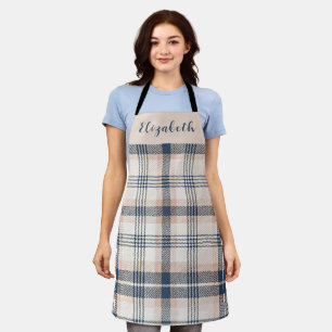 Tablier Tartan à carreaux bleu et crème Nom personnalisé
